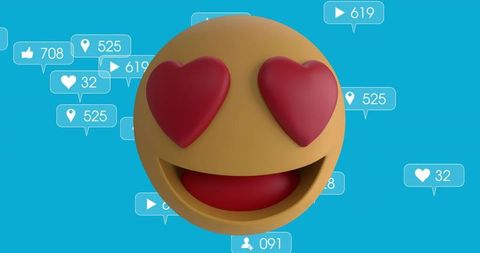 3d heart-eyes emoji floating on cyan background with social media notification bubbles