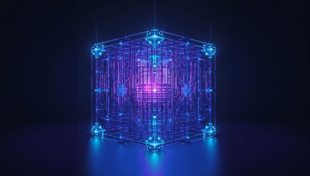 Futuristic Neon Cube Enclosing Glowing Core in Dark Space