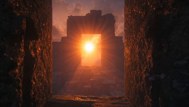 Sunburst portal framing through weathered stone doorway, dawn rays lighting ancient terrace
