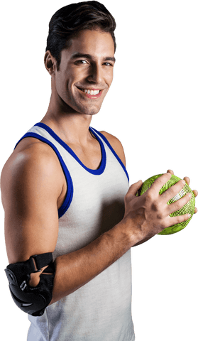 Athletic Man Smiling Holding Green Ball on Transparent Background