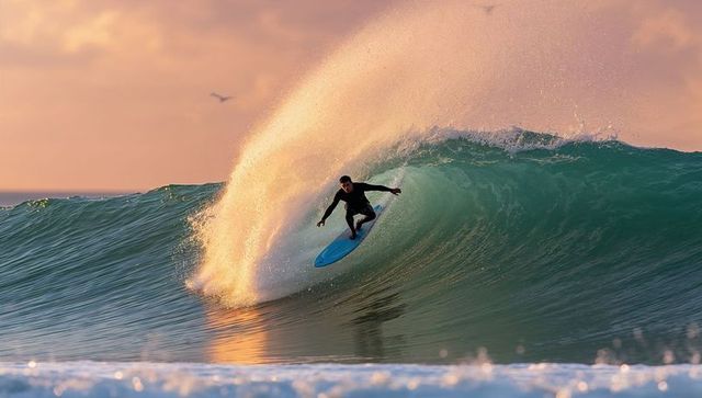 Surfer riding turquoise barrel at golden hour on blue surfboard in black wetsuit