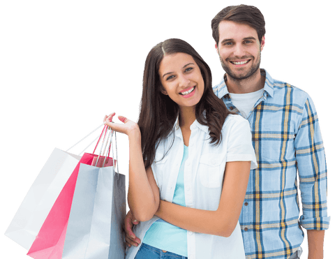 Smiling couple holding shopping bags transparent background