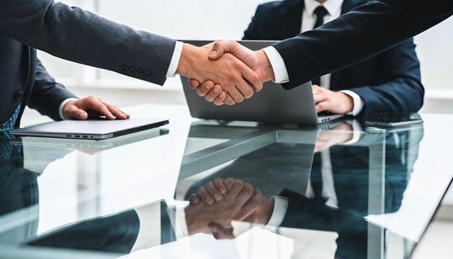 Executives shaking hands over glass conference table while closing high-level business deal