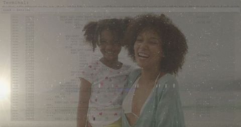 Happy Mother and Daughter Enjoying Beach Overlayed with Codes