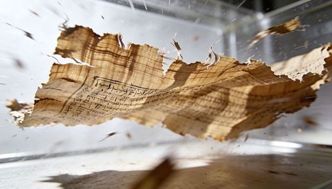 Floating aged papyrus fragment inside museum glass case displaying ancient inked script