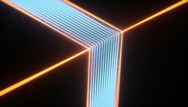 Forming glowing corner with cyan bands and orange lines for futuristic abstract background