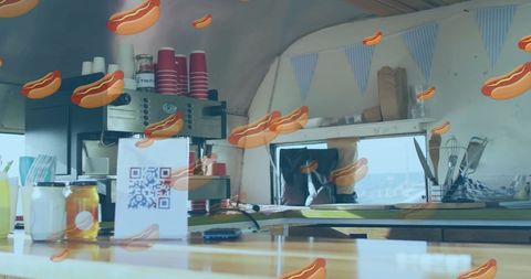 hot dogs illustrations adorning food truck interior with qr code display - Download Free Stock Images Pikwizard.com