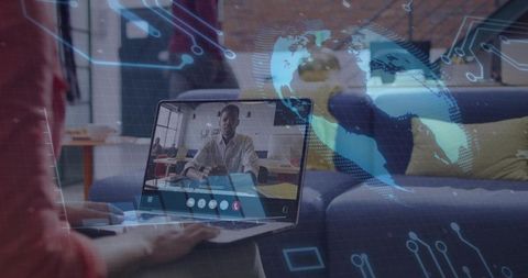Typing while joining remote laptop video call at home workspace with global overlay