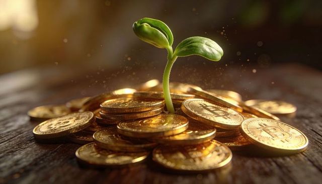 Green seedling growing through stack of gold bitcoin coins representing crypto growth