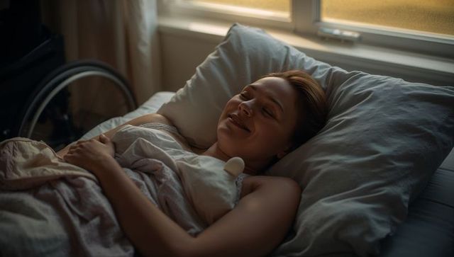Peaceful woman resting in bed with wheelchair nearby warm natural light morning recovery