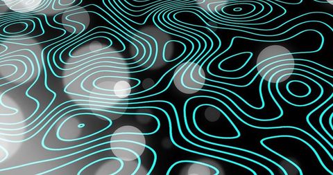 Neon cyan contour lines flowing on dark canvas with luminous bokeh orbs