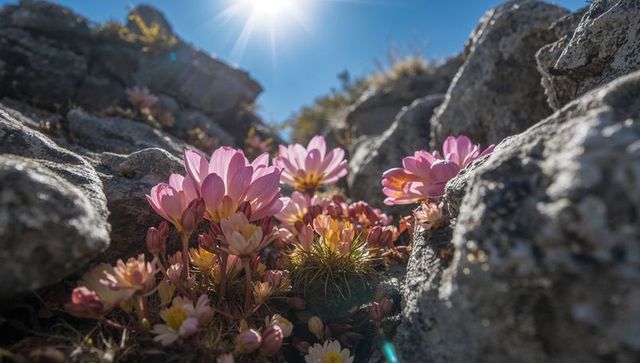 Sunlit pink alpine wildflowers blooming in rocky crevice with dramatic lens flare