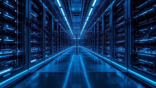 Futuristic data center corridor with symmetrical server racks and blue led lighting
