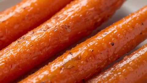 Moving camera revealing three glazed carrots on china plate with pepper flecks