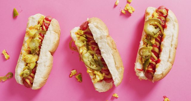 Hot dogs placed in buns with mustard, ketchup, pickles, and jalapeño slices on light pink background. Great for content related to fast food, casual dining, street food vendors, backyard barbecues, or visual elements for blogs and food articles.