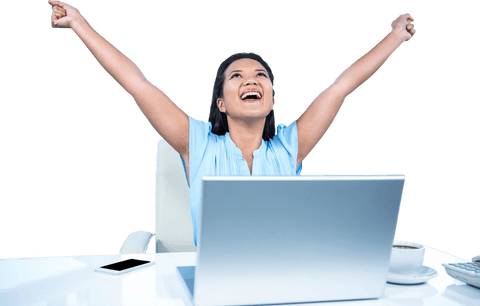 Transparent Celebrating Woman Raises Arms at Work Desk