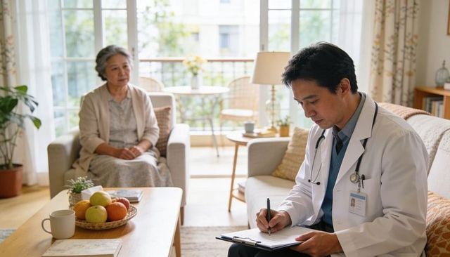 Doctor conducting home consultation with senior woman in sunny living room