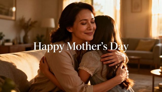 Mother and daughter embracing on sunlit sofa celebrating mother's day warmth