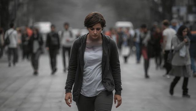 Pensive adult woman walking through crowded urban street on overcast day