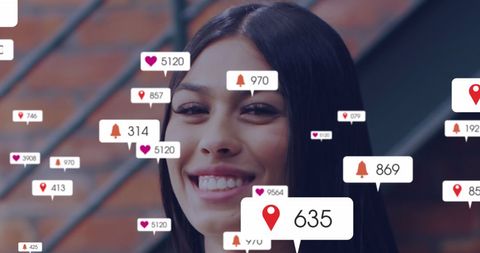 Smiling Woman with Digital Social Media Interaction Icons