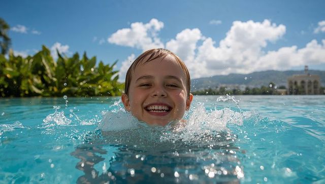Joyful Child Swimming in Tropical Resort Pool on Sunny Day