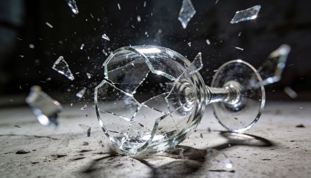 Shattered wine glass scattering shards across gritty concrete floor, dramatic closeup