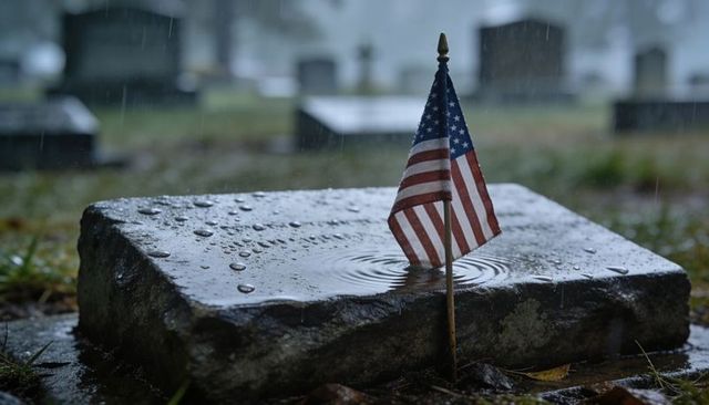 Mini american flag marking veteran gravestone collecting rainwater and ripples in cemetery