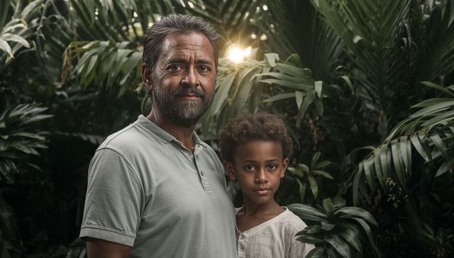 Standing father and son in lush tropical palm garden backlit by golden sunlight