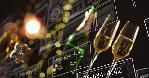 Toasting Champagne Flutes Featuring Futuristic HUD Overlay and Bokeh Nightclub Glow Celebration