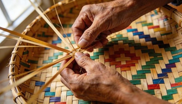 Senior hands weaving colorful bamboo tray showcasing traditional basketry craft and texture