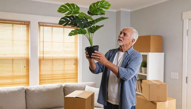 Senior man inspecting potted plant while unpacking boxes in bright modern living room