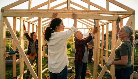 Women building backyard greenhouse frame at golden hour, teamwork diy community carpentry