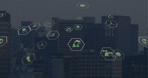 Digital Interface Icons Over Modern Urban Cityscape - Download Free Stock Images Pikwizard.com