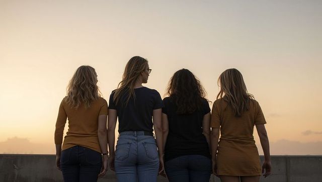 Four women standing together at sunset on rooftop looking toward horizon