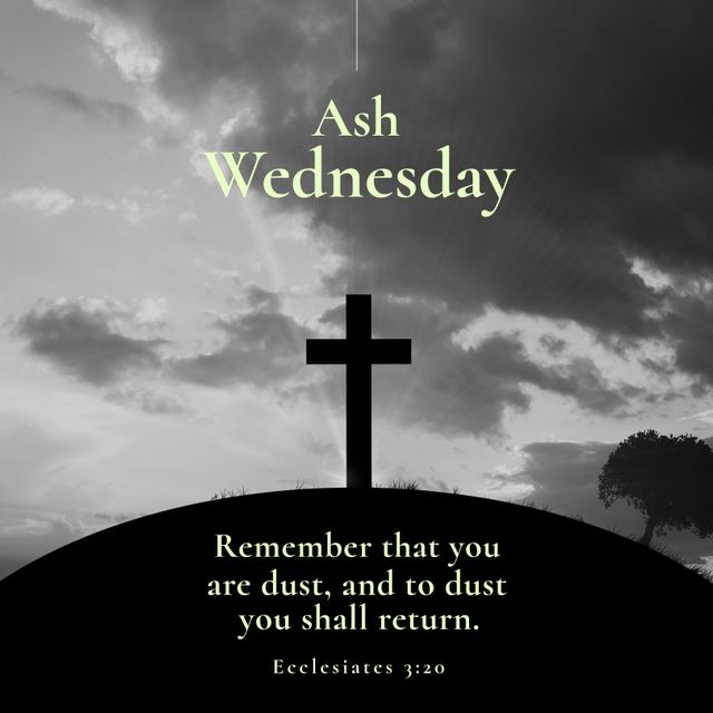 Composition of ash wednesday text over black and white cross. Ash wednesday, christianity, religion and tradition concept digitally generated image.