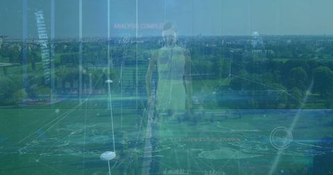 Woman in Neon Sportswear Overlooking Park with Holographic Data