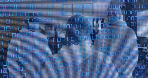 Medical team walking hospital corridor with binary data overlay for digital health