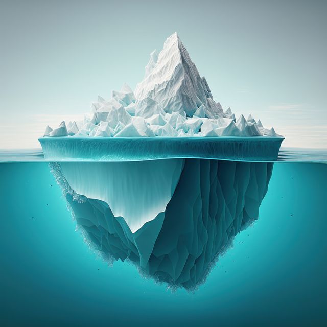 Majestic iceberg floating in clear blue water, detached from a glacier. Perfect for illustrating environmental concepts, climate change, global warming, and oceanic landscapes. Can be used for educational materials, presentations, infographics, and wallpapers.