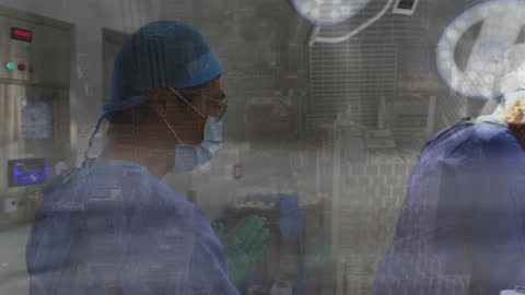 Overlay of Diverse Surgeons and Walking Crowds Depicting Global Medicine