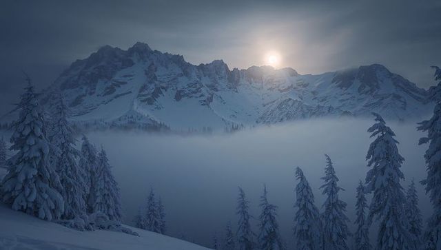 Moonlit jagged peaks looming over fog-filled alpine valley with snow-laden trees