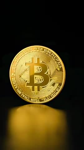 Vertical studio footage showing gold Bitcoin coin reflecting light on dark table