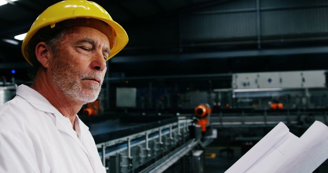Senior engineer inspecting industrial facility wearing a yellow hard hat, holding blueprints in their hand. Ideal for content related to industrial safety, technical expertise, factory operations, manufacturing process, and engineering professions. Suitable for use in articles, documentaries, training materials, company brochures, and technical blogs.