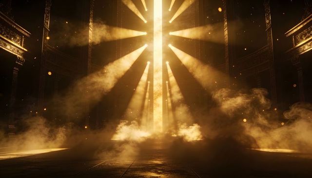 Golden light shaft illuminating ornate hall with smoky atmosphere and dramatic symmetry