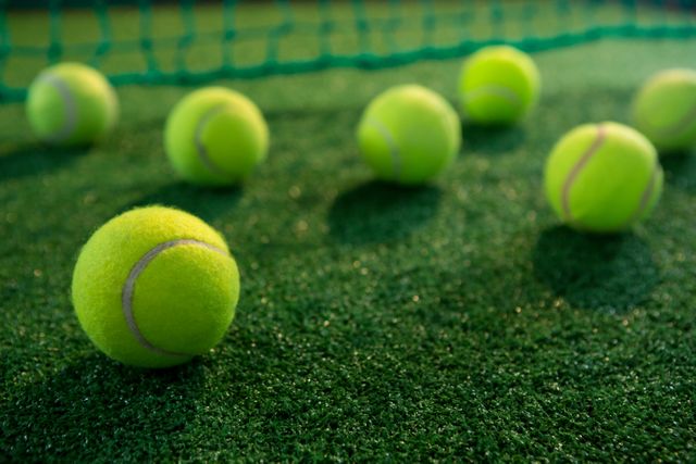 This image shows several tennis balls scattered on a tennis court near the net. It is ideal for use in sports-related articles, advertisements for tennis equipment, or promotional materials for tennis clubs and tournaments. The vibrant green color and focus on the tennis balls make it visually appealing for any content related to tennis or outdoor sports.