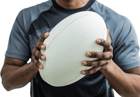 Transparent image of athlete holding rugby ball for sports concepts