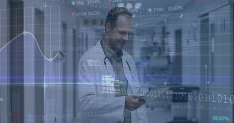 Doctor Analyzing Data on Tablet with Virtual Interface in Hospital Hallway