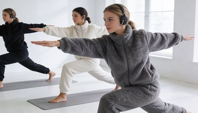 Women practicing yoga lunges in cozy fleece tracksuits with headphones in bright studio