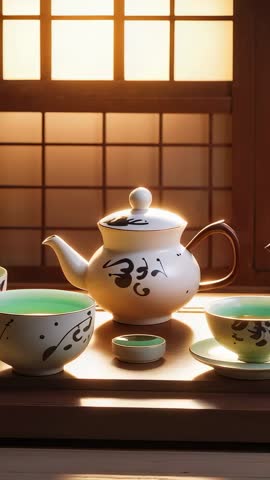 Shifting Sunlight Pushing Camera In on Porcelain Teapot in Minimalist Tearoom Vertical