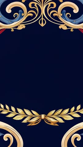 Vertical regal countdown opener with gold laurel wreath and ornate navy background for luxury events