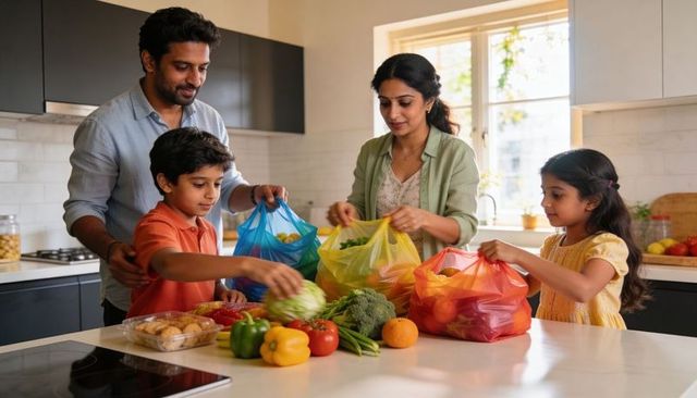 Family unpacking groceries and sorting colorful fresh vegetables at kitchen island
